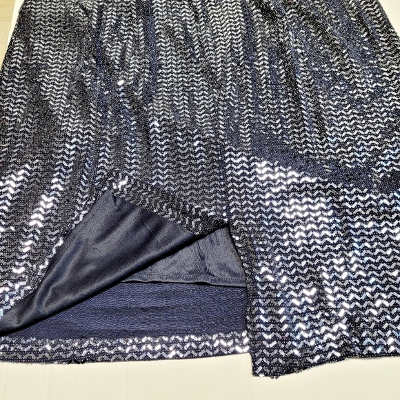 Betsy & Adam Navy Blue Sparkly Metallic Chevron Sequin Wrap Top Dress Size 20W - Picture 6 of 11